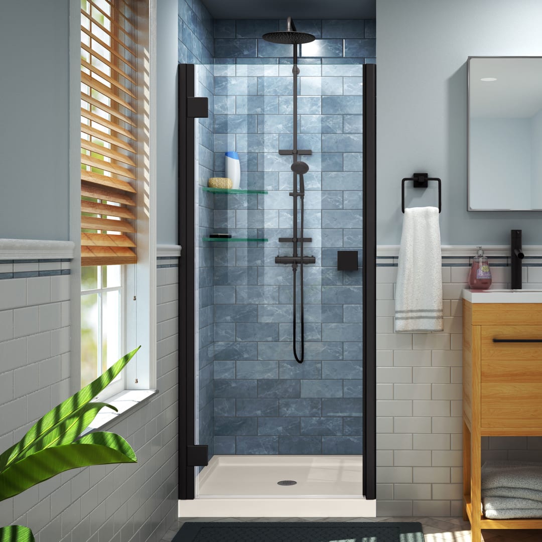 DreamLine Lumen 36 inch D x 36 inch W x 74 3/4 inch H Semi-Frameless Hinged Shower Door in Matte Black with Center Drain Biscuit Shower Base Kit