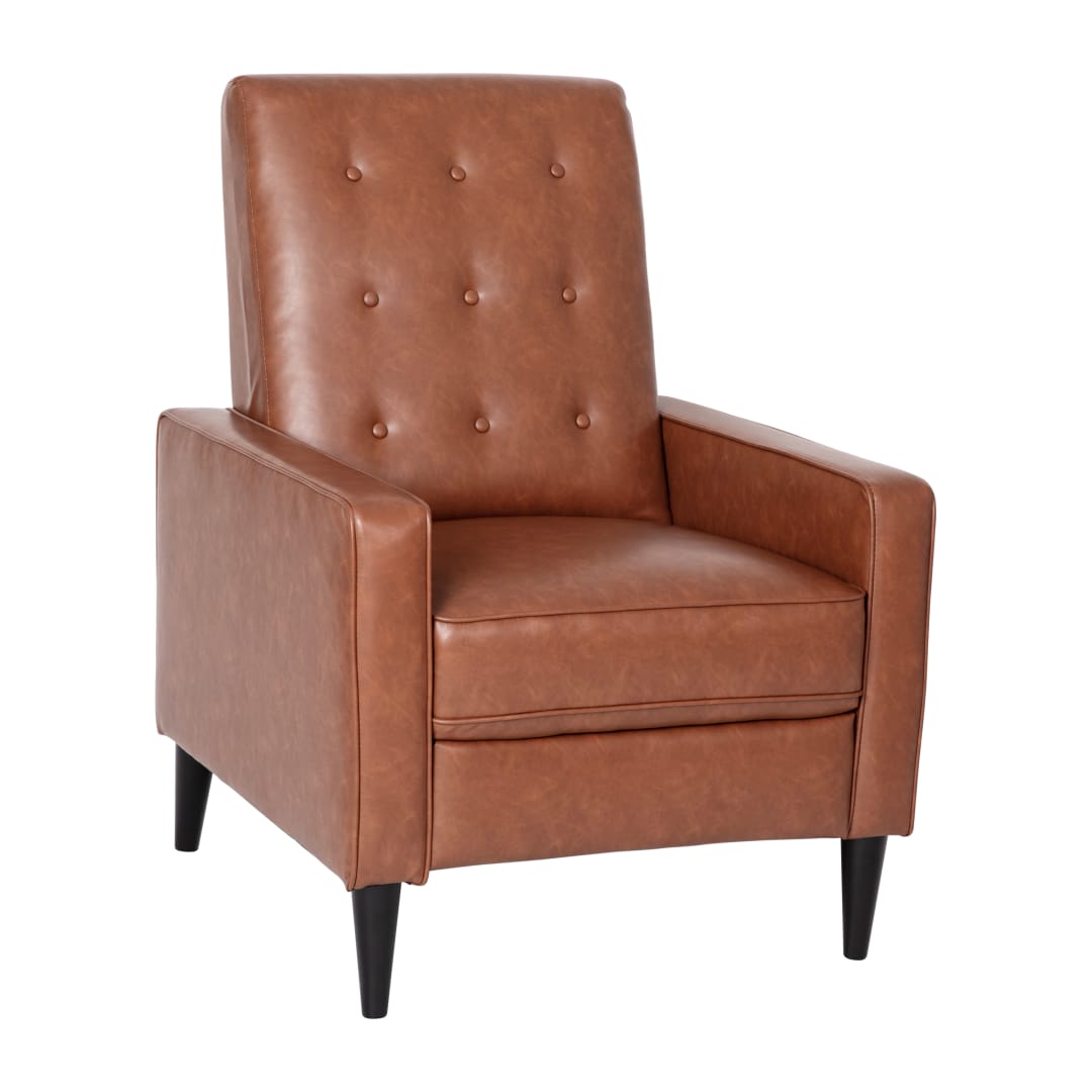 Ezra Mid-Century Modern LeatherSoft Upholstered Button Tufted Pushback Recliner in Cognac Brown for Residential &amp; Commercial Use