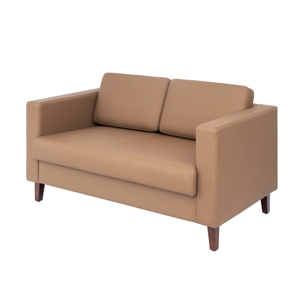 HERCULES Artemis Cognac LeatherSoft Reception Loveseat with 2 AC Outlets/1 USB/1 USB-C Ports and Solid Wood Walnut Legs with Adjustable Floor Glides