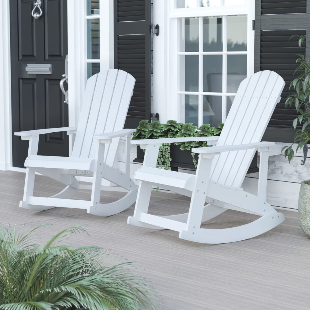 Savannah Commercial Grade All-Weather Poly Resin Wood Adirondack Rocking Chair with Rust Resistant Stainless Steel Hardware in White - Set of 2