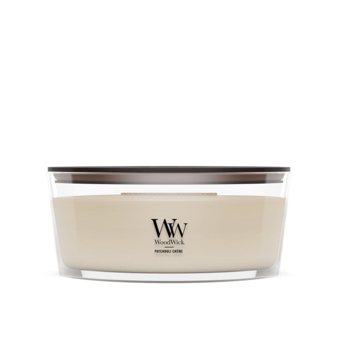 WoodWick® Patchouli Crème Scented Ellipse Candle, Crackles as it Burns, Great for Gifting, Up to 40 hrs Burn Time, 16 oz