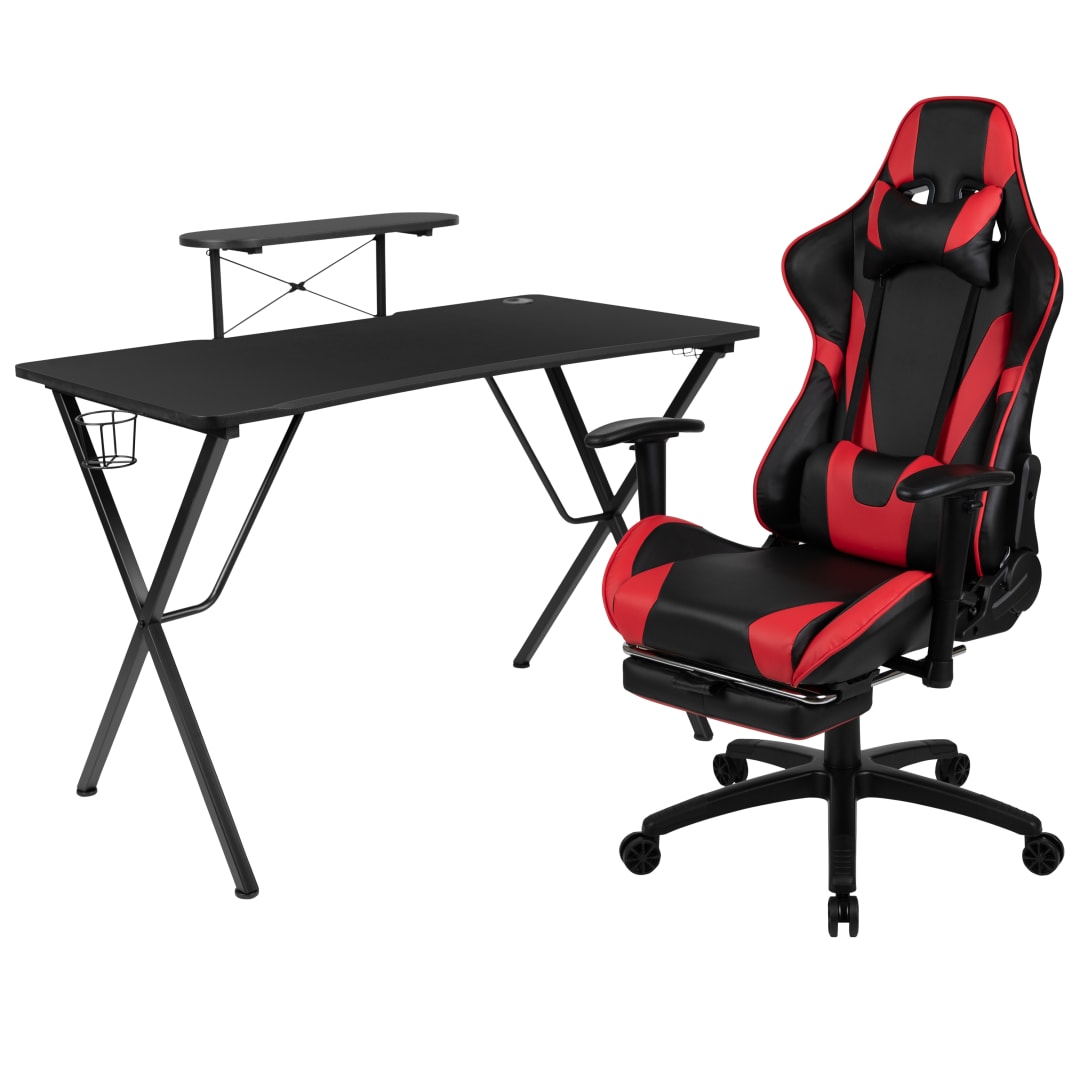 Black Gaming Desk and Red/Black Footrest Reclining Gaming Chair Set with Cup Holder, Headphone Hook, &amp; Monitor/Smartphone Stand