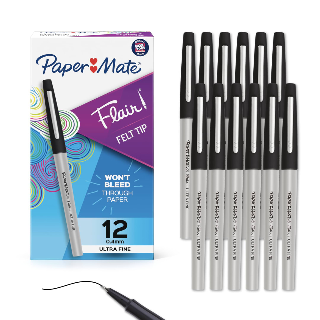 Paper Mate® Flair Felt Tip Pens, Ultra Fine Point (0.4mm), Black, 12 Count