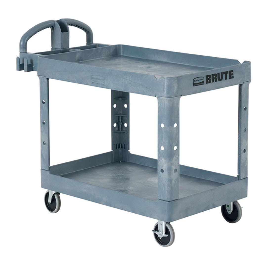 BRUTE Heavy Duty Ergo Handle Utility Cart, Lipped Shelf, Medium, Gray