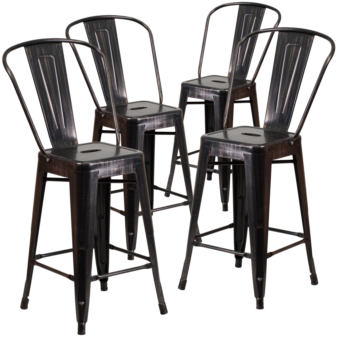 Lily Commercial Grade 4 Pack 24" High Black-Antique Gold Metal Indoor-Outdoor Counter Height Stool with Removable Back