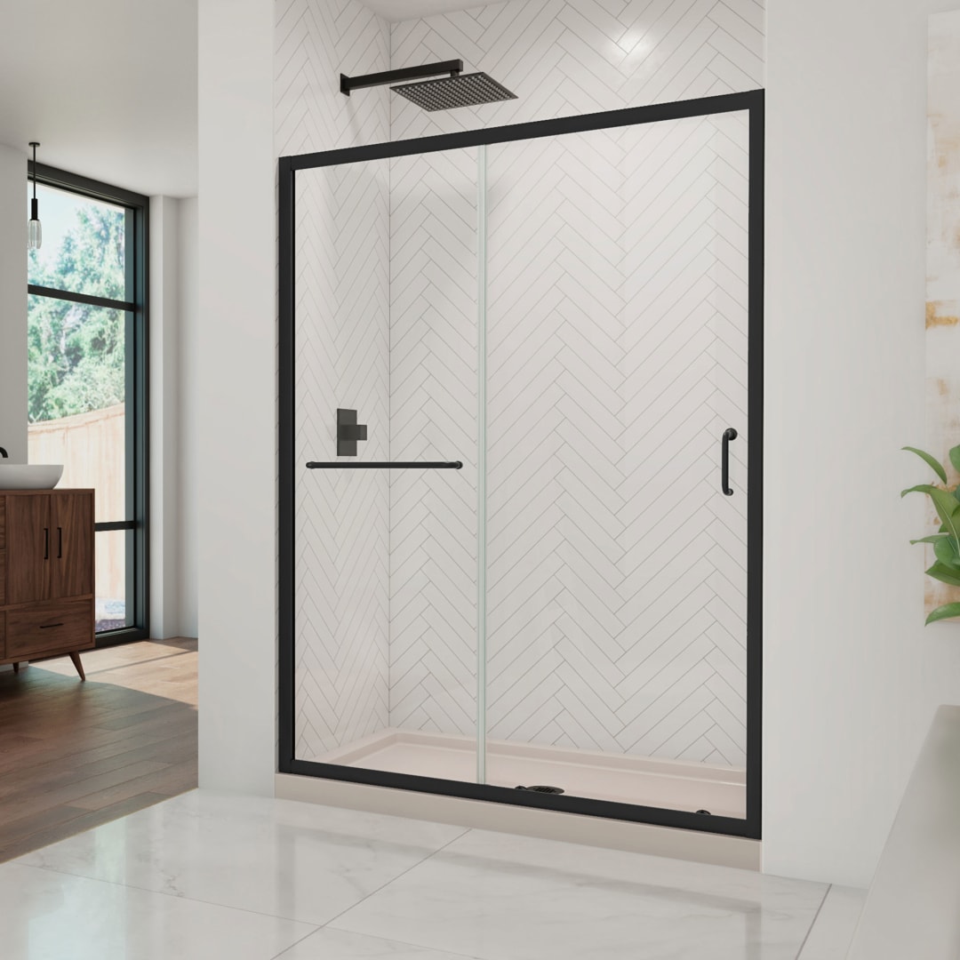 DreamLine Infinity-Z 32 inch D x 54 inch W x 74 3/4 inch H Semi-Frameless Sliding Clear Shower Door in Matte Black with Center Drain Biscuit Shower Base Kit