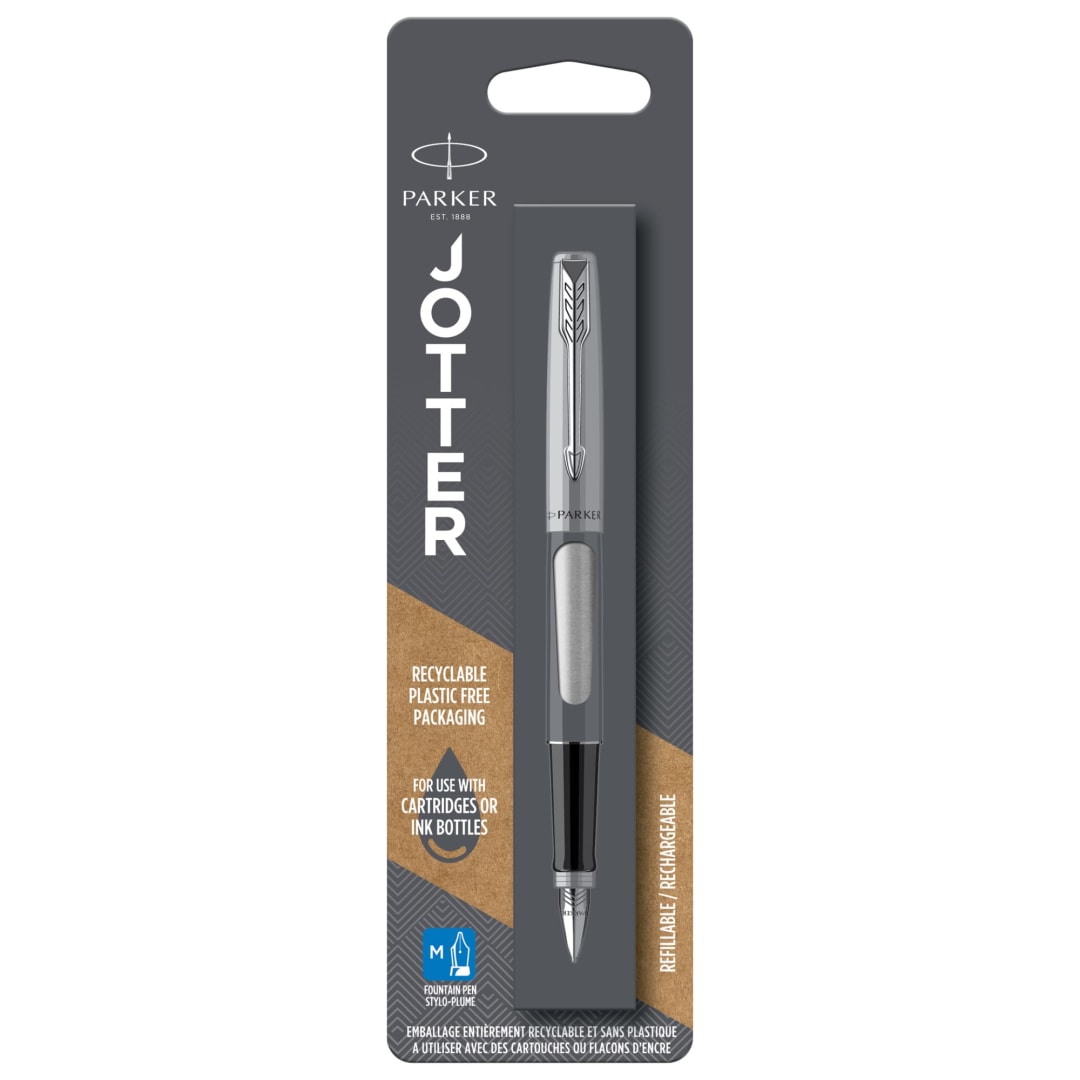 Parker Jotter Fountain Pen, Stainless Steel with Chrome Trim, Medium Nib, Blue Ink, Blister Pack