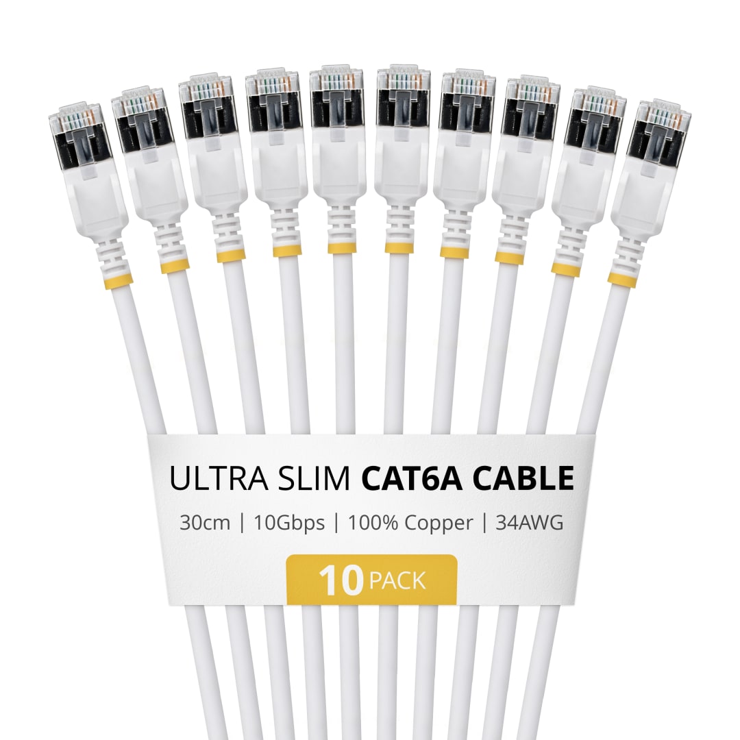 Cat6A STP 34AWG Ultra Slim Patch Cable, White 30cm - 10 Pack
