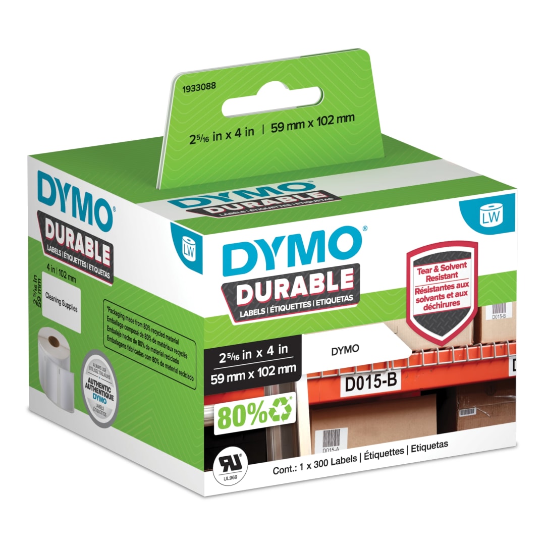 DYMO® LW Durable Industrial Labels for LabelWriter™ Label Printers, White Poly, 2-5/16” x 4”, 1 Roll of 300