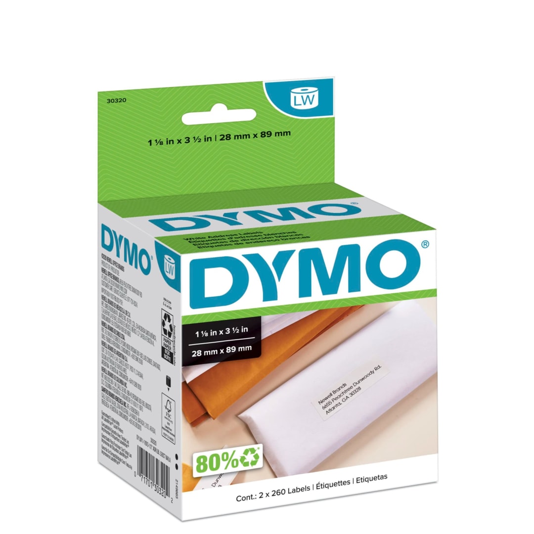 DYMO® Authentic LW White Mailing Address Labels, DYMO® Labels for LabelWriter™ Label Printers, 1-1/8" x 3-1/2", 2 Rolls of 260 (520 Total)