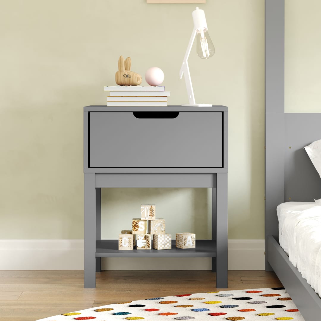 Dallas Wooden Night Stand, Bedroom Side Table with Storage Drawer and Shelf for Kids in Gray