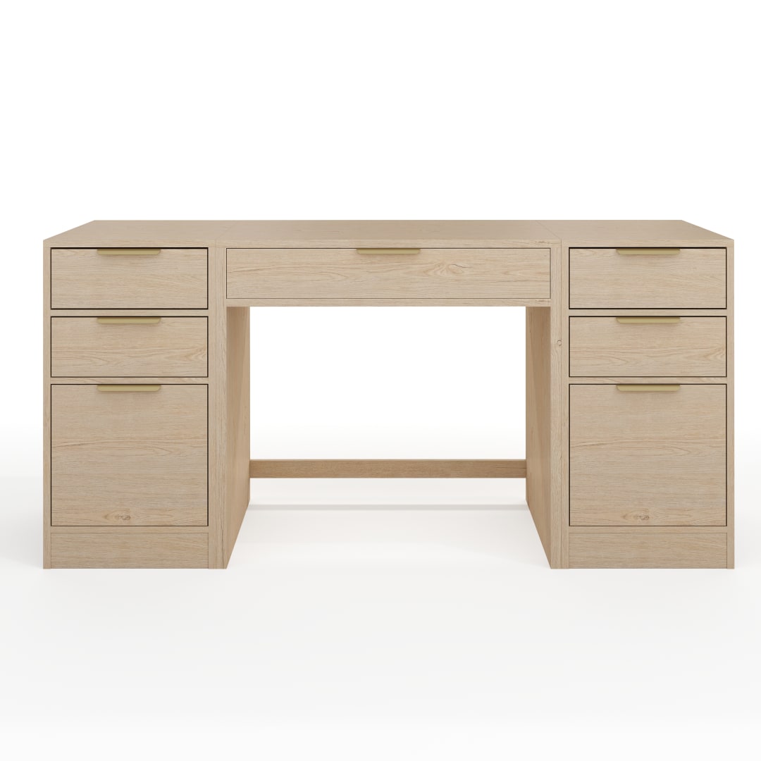 Kayden Home Office Modular Single-Drawer Desk with Dual 3 Drawer File Cabinets in Light Natural with Brushed Gold Hardware