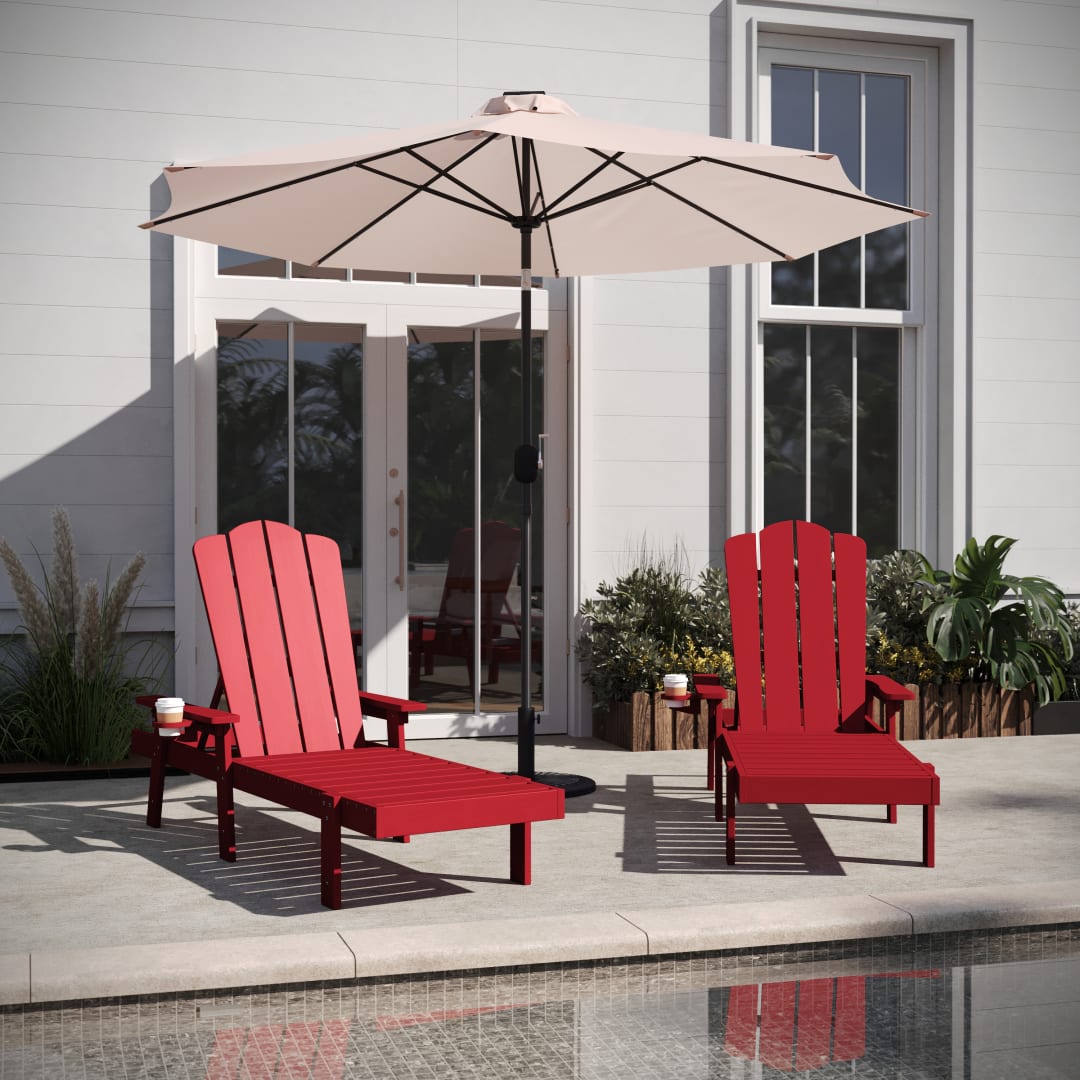 Sonora Set of 2 Commercial Grade Adjustable Adirondack Loungers with Cup Holder, All-Weather Indoor/Outdoor Recycled HDPE Lounge Chair in Red