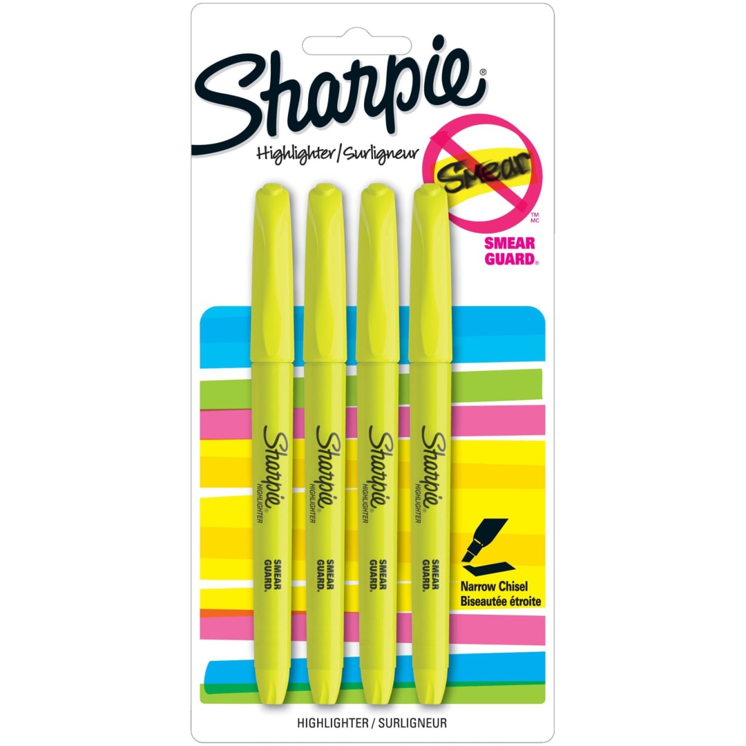Sharpie® Pocket Highlighters, Fluorescent Yellow, Chisel Tip, 4 Count