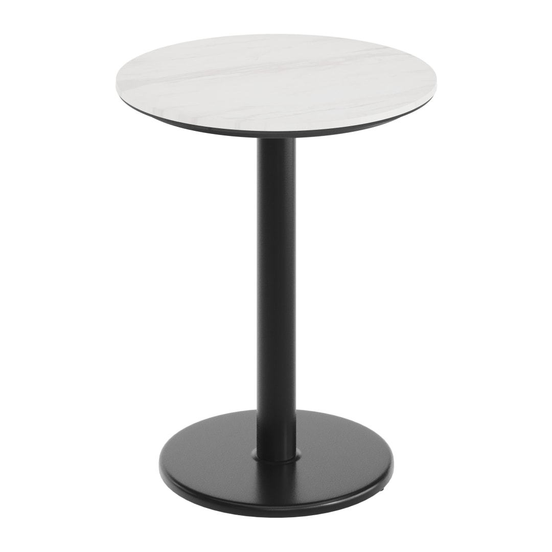 TopGuard 24" Round Tabletop, Seamless Surface Technology, White Faux Marble, 18" Round Black Table Height Base, Moisture, Scratch, Heat, UV Resistant