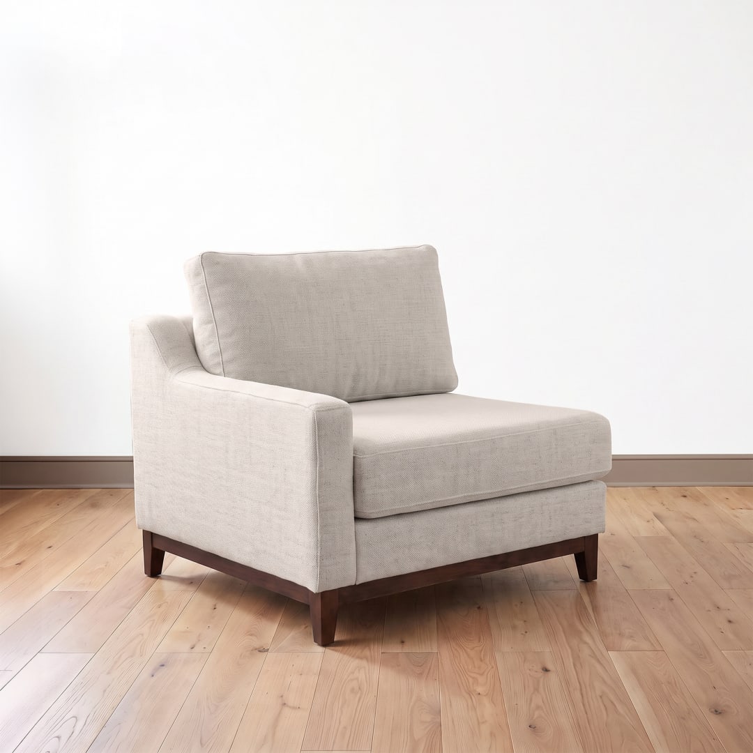 Bedford Modular Sectional Left Facing Armchair, Upholstered Sofa Component with Solid Wood Frame and Tapered Legs, Ivory