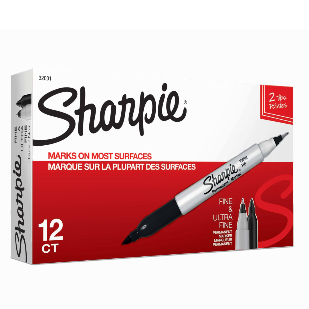 Sharpie® Twin Tip Permanent Markers, Fine and Ultra Fine, Black, 12 Count