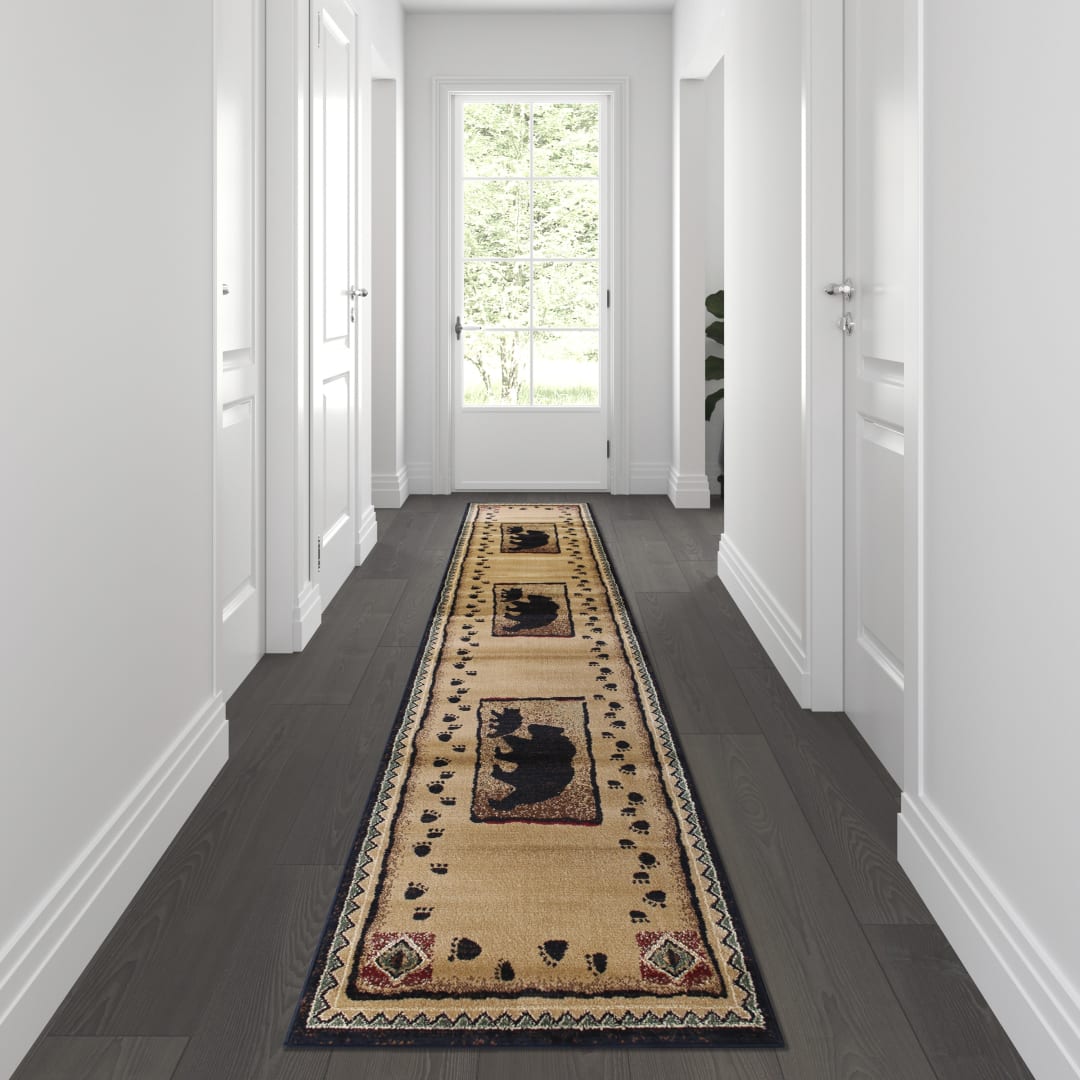 Matra Collection 2' x 10' Black Rustic Style Bear and Cub Area Rug with Jute Backing
