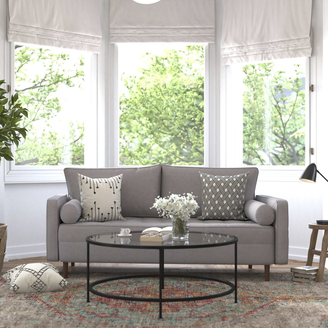 Hudson Mid-Century Modern Sofa with Tufted Faux Linen Upholstery &amp; Solid Wood Legs in Slate Gray