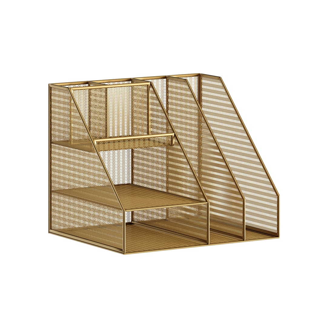 Ryder Gold Mesh Metal Large Desktop Organizer with Magazine File Holder, Pen Holder, and Storage