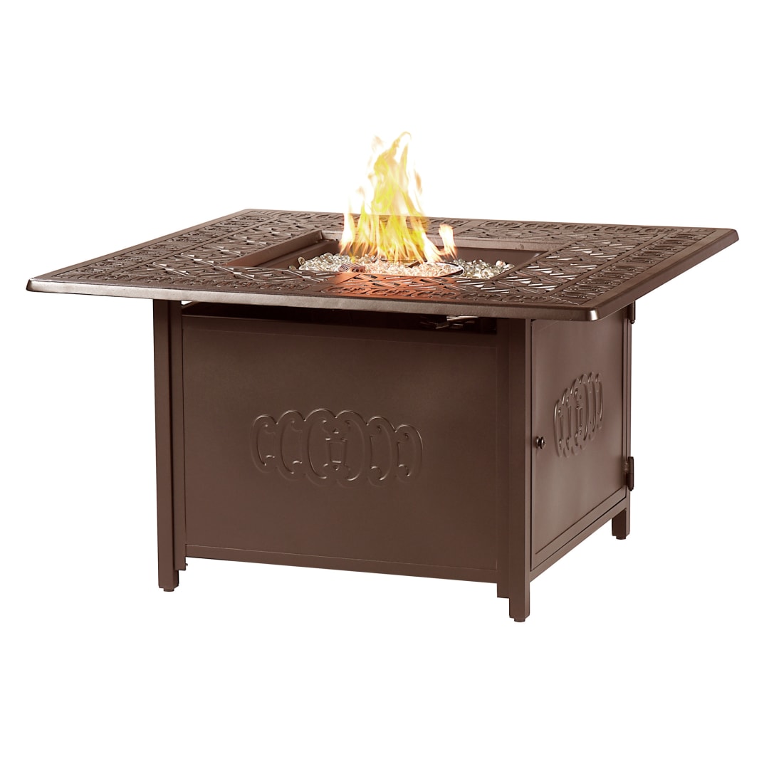 Square 42 in. x 42 in. Aluminum Propane Fire Pit Table with Glass Beads, Two Covers, Lid, 55,000 BTUs in Brown Finish