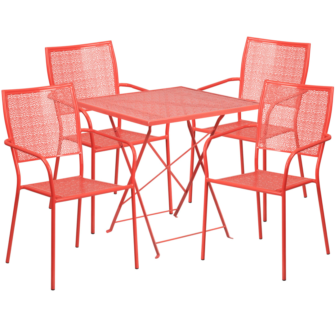 Oia Commercial Grade 28" Square Coral Indoor-Outdoor Steel Folding Patio Table Set with 4 Square Back Chairs