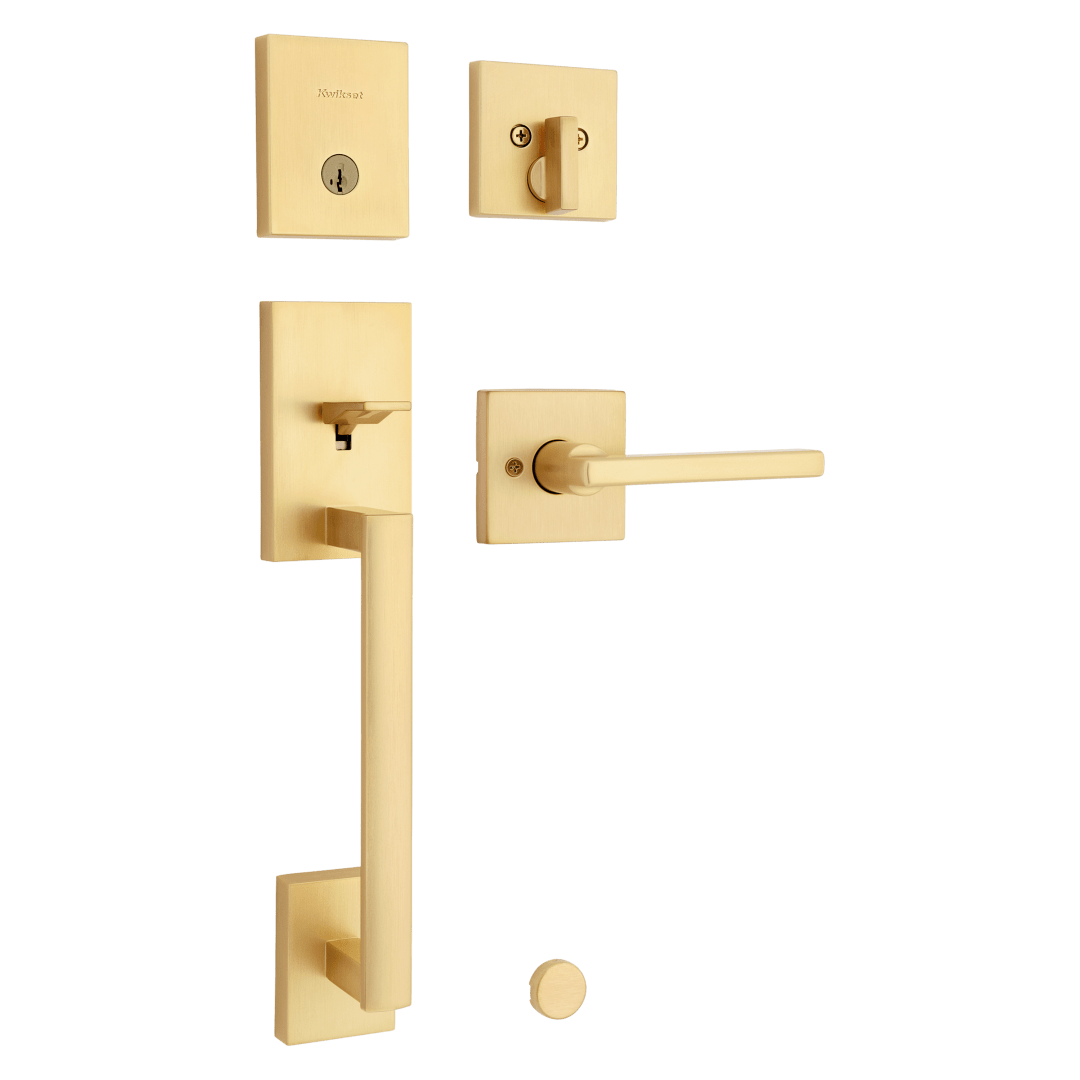 San Clemente Single Cylinder Low Profile Handleset with Halifax Lever featuring SmartKey Security™ in Satin Brass