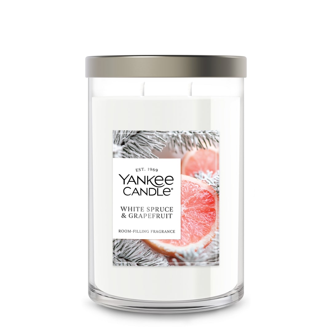 Yankee Candle® Large Tumbler Scented Candle with up to 80 Hour Burn Time, Premium Plant Wax Blend for Consistent Burn, 20 oz Tumbler Candle with Room Filling Fragrance, White Spruce & Grapefruit