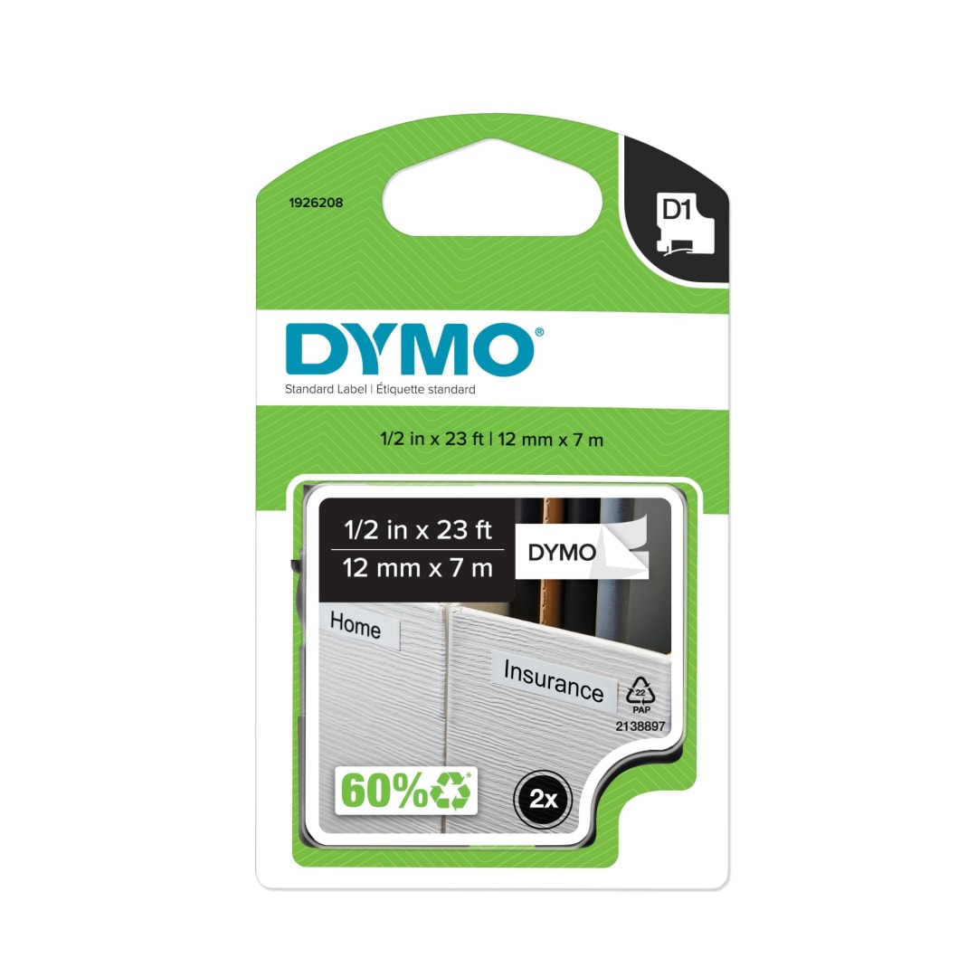 DYMO® Authentic D1 Labels For LabelManager Label Makers, 1/2-Inch x 23-Foot Roll, Black Print on White Tape, Self-Adhesive, 2-Pack