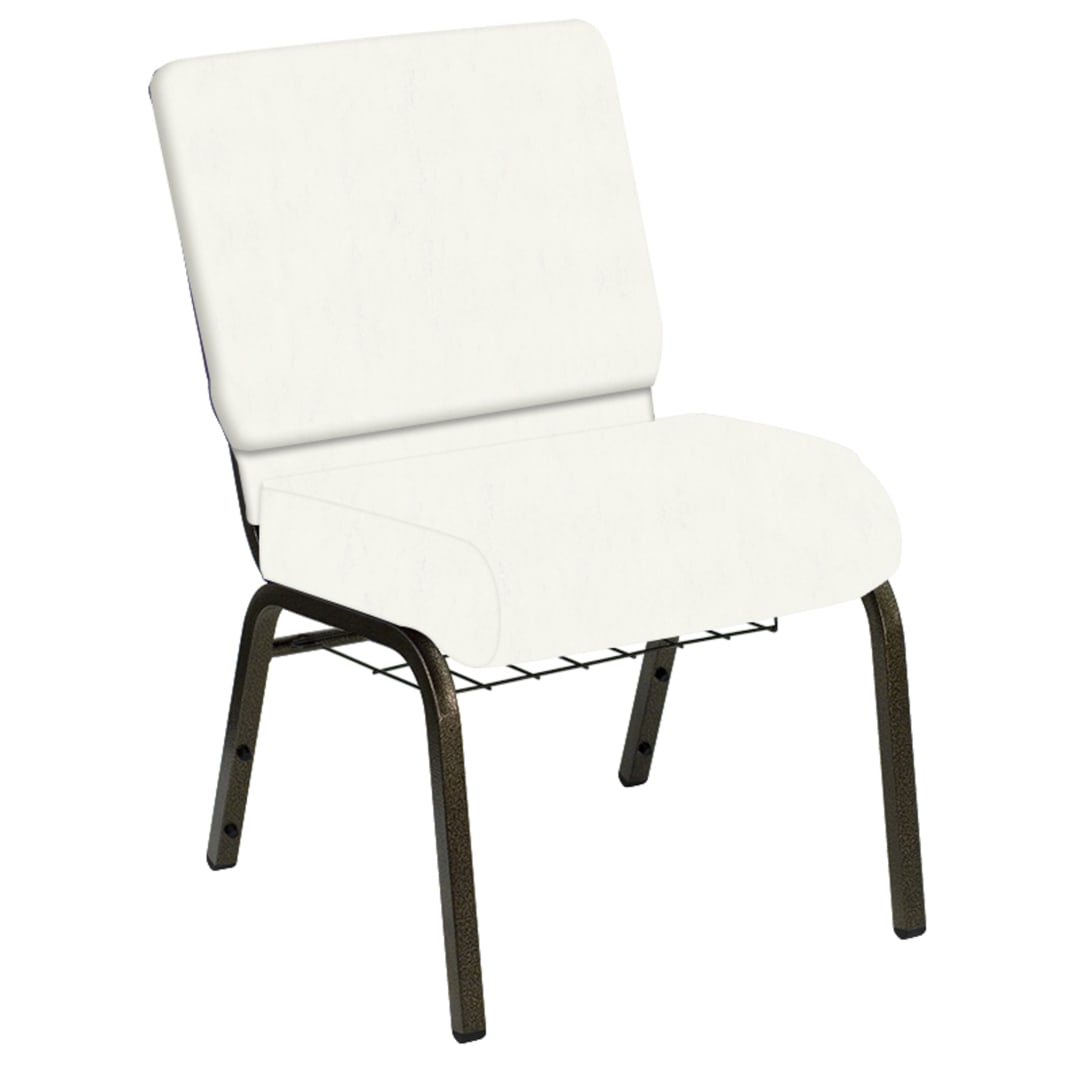 HERCULES Series 21''W Church Chair in E-Z Marine White Vinyl with Book Rack - Gold Vein Frame