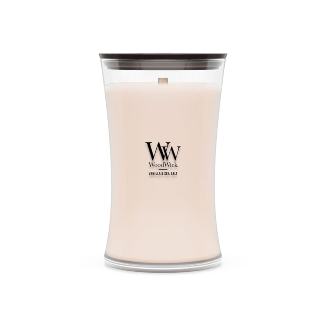 WoodWick® Large Hourglass Candle, Vanilla Sea Salt Scented, Premium Soy and Paraffin Wax Blend, Crackles as it burns, Great for gifting, 21oz