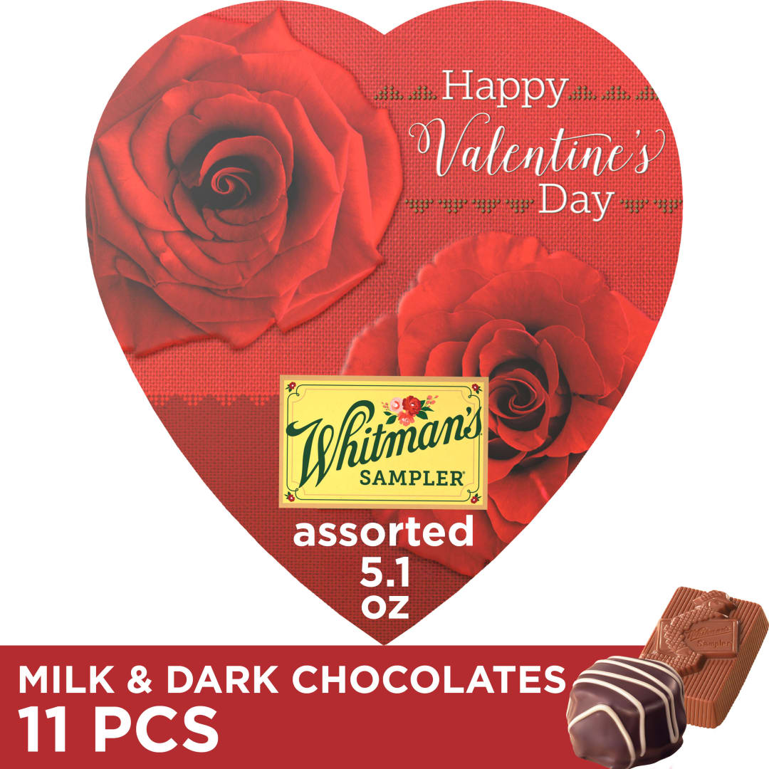 WHITMAN'S SAMPLER Valentine's Day Romantic Roses Assorted Milk & Dark Chocolate Candy Heart Gift Box, 5.1 oz. (11 pieces)