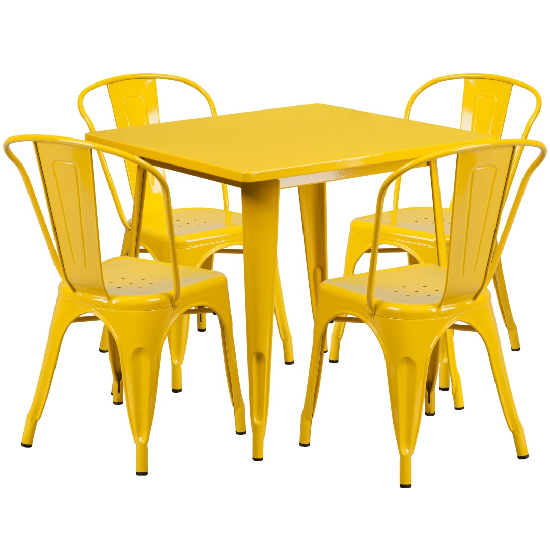 Foster Commercial Grade 31.5" Square Yellow Metal Indoor-Outdoor Table Set with 4 Stack Chairs