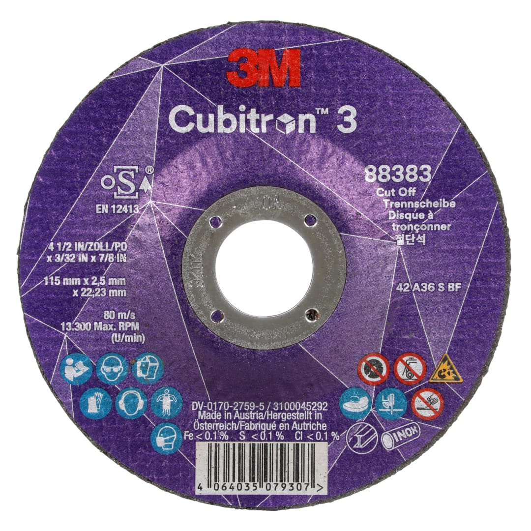 3M™ Cubitron™ 3 Kesme Taşı, 88383, 36+, T42, 115 mm x 2,5 mm x 22,23 mm, EN, 25/Paket, 50 adet/Kutu