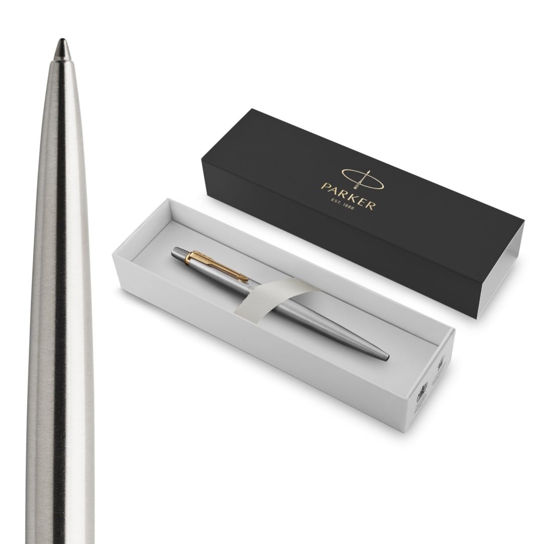 Parker Jotter Ballpoint Pen, Stainless Steel with Golden Trim, Medium Point Blue Ink, Gift Box (953182)