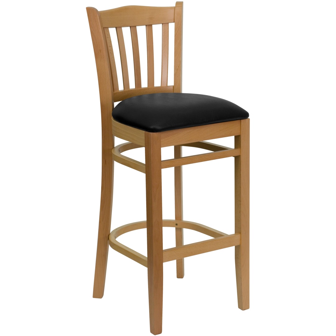 HERCULES Series Vertical Slat Back Natural Wood Restaurant Barstool - Black Vinyl Seat