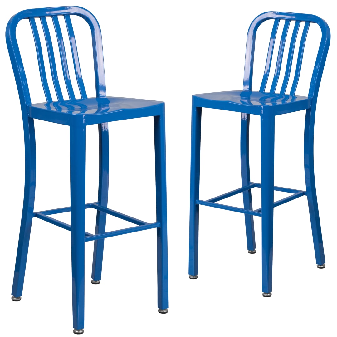 Gael Commercial Grade 2 Pack 30" High Blue Metal Indoor-Outdoor Barstool with Vertical Slat Back