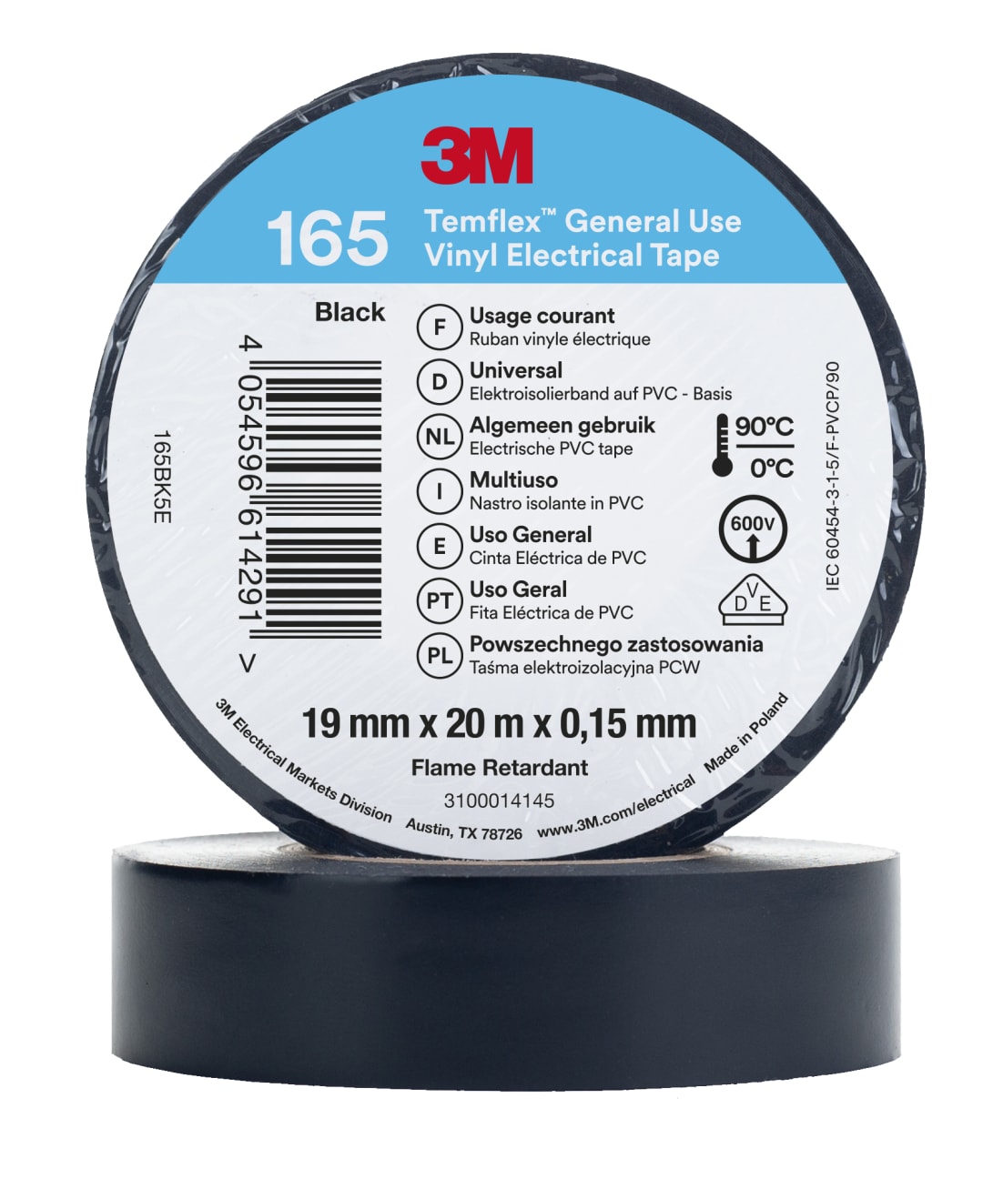 3M™ Temflex™ Vinil Elektrik Bandı 165, Siyah, 19 mm x 20 m