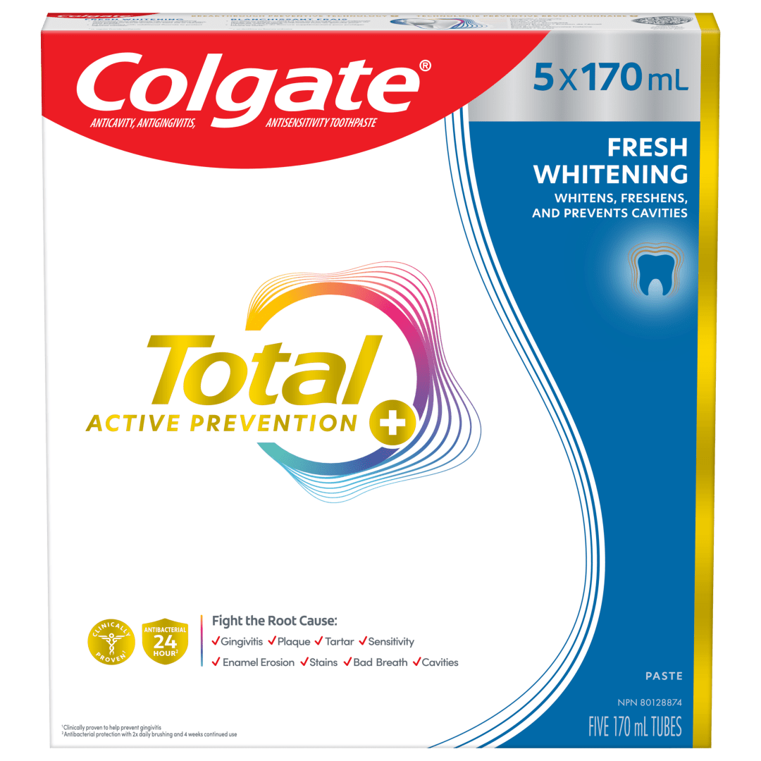 Colgate Total Active Prevention Plus Fresh Whitening Toothpaste, Mint Flavour, 5 Pack, 170 mL