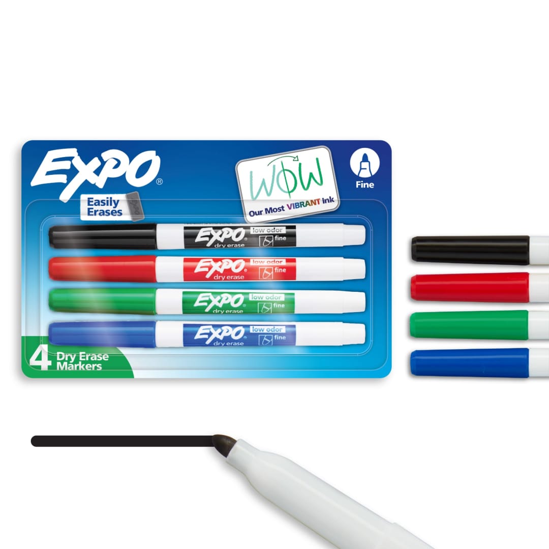 EXPO Dry Erase Markers, Low Odor Ink, Assorted Colors, Fine Tip, 4 Count