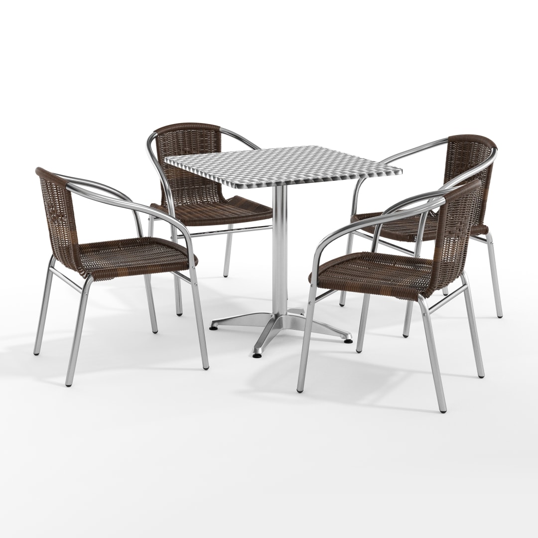 Lila 27.5'' Square Aluminum Indoor-Outdoor Table Set with 4 Dark Brown Rattan Chairs