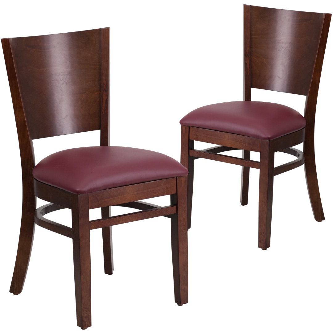 2 Pack Lacey Series Solid Back Walnut Wood Restaurant Chair - Burgundy Vinyl Seat