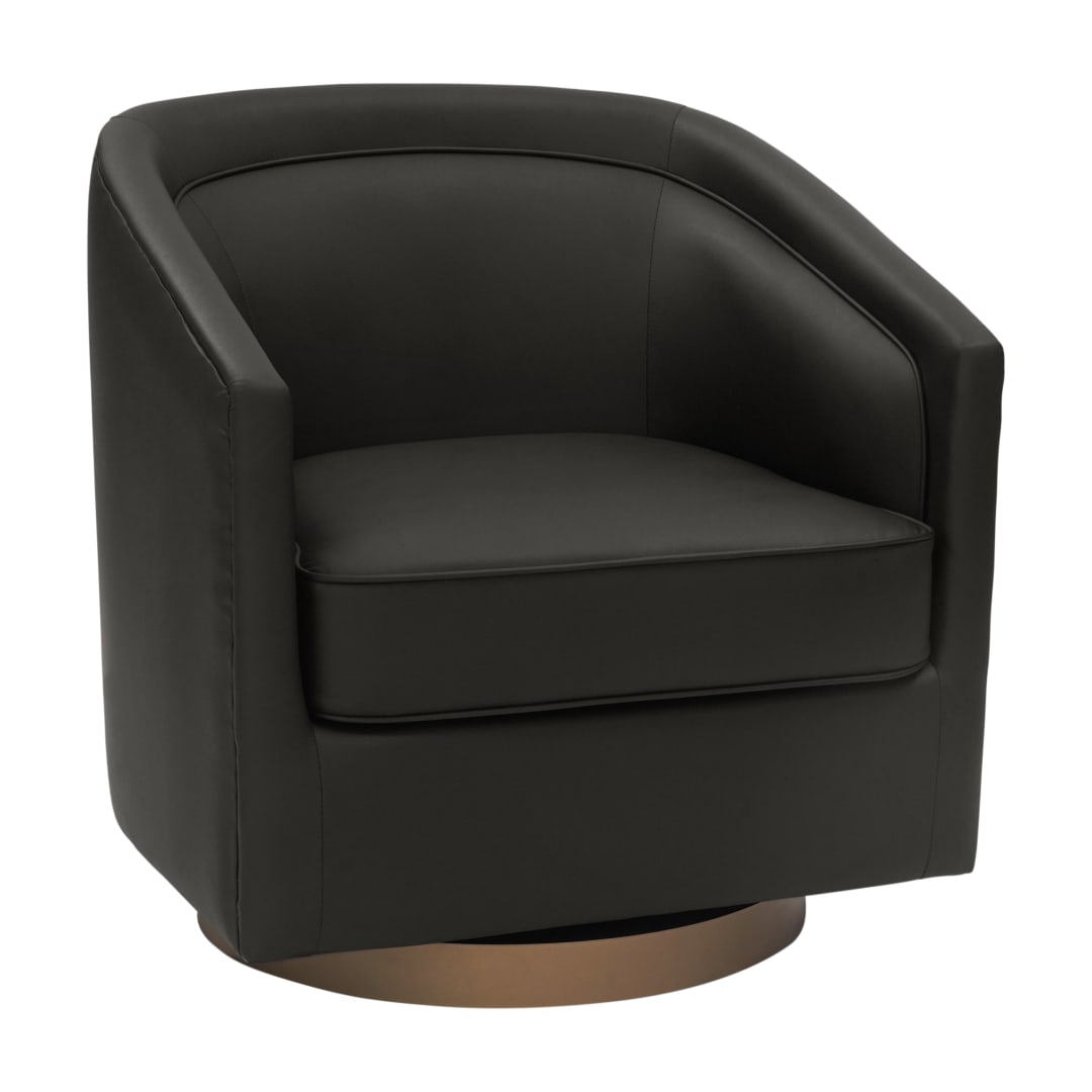 Dean Club Style Commercial Barrel Accent Armchair with 360 Degree Swivel Metal Base and Sloped Armrests in Black LeatherSoft Upholstery