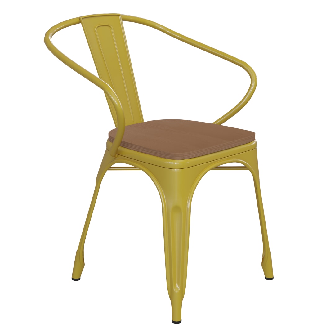Luna Commercial Grade Yellow Metal Indoor-Outdoor Chair with Arms with Teak Poly Resin Wood Seat