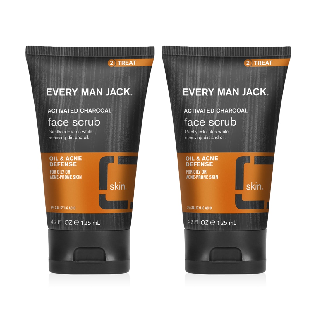 Every Man Jack Activated Charcoal Oil and Acne Defense Face Scrub for Men - Exfoliate Away Dry, Dead Skin, Prep For a Clean Shave, and Deep Clean to Remove Dirt and Oil with Natural Jojoba Beads - 4.2 oz Twin Pack