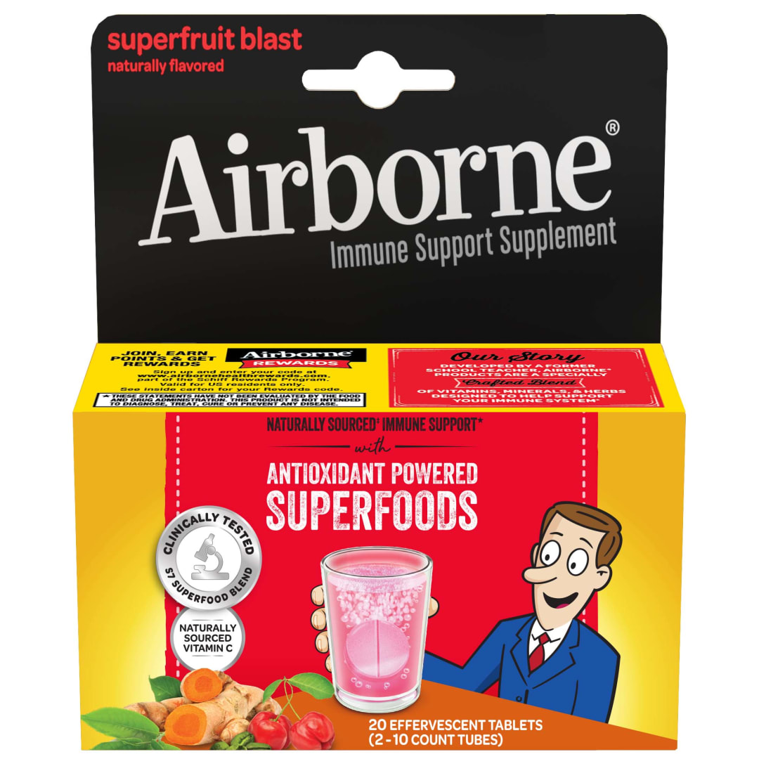 Airborne Vitamina C de origen natural (cerezas acerola) comprimidos efervescentes + mezcla de 7 superalimentos antioxidantes incluyendo col rizada & arándano – 20 tabletas para bebida efervescente, sabor Superfruit Blast