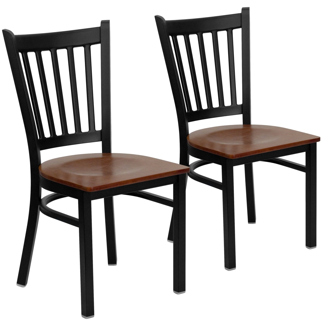 2 Pack HERCULES Series Black Vertical Back Metal Restaurant Chair - Cherry Wood Seat