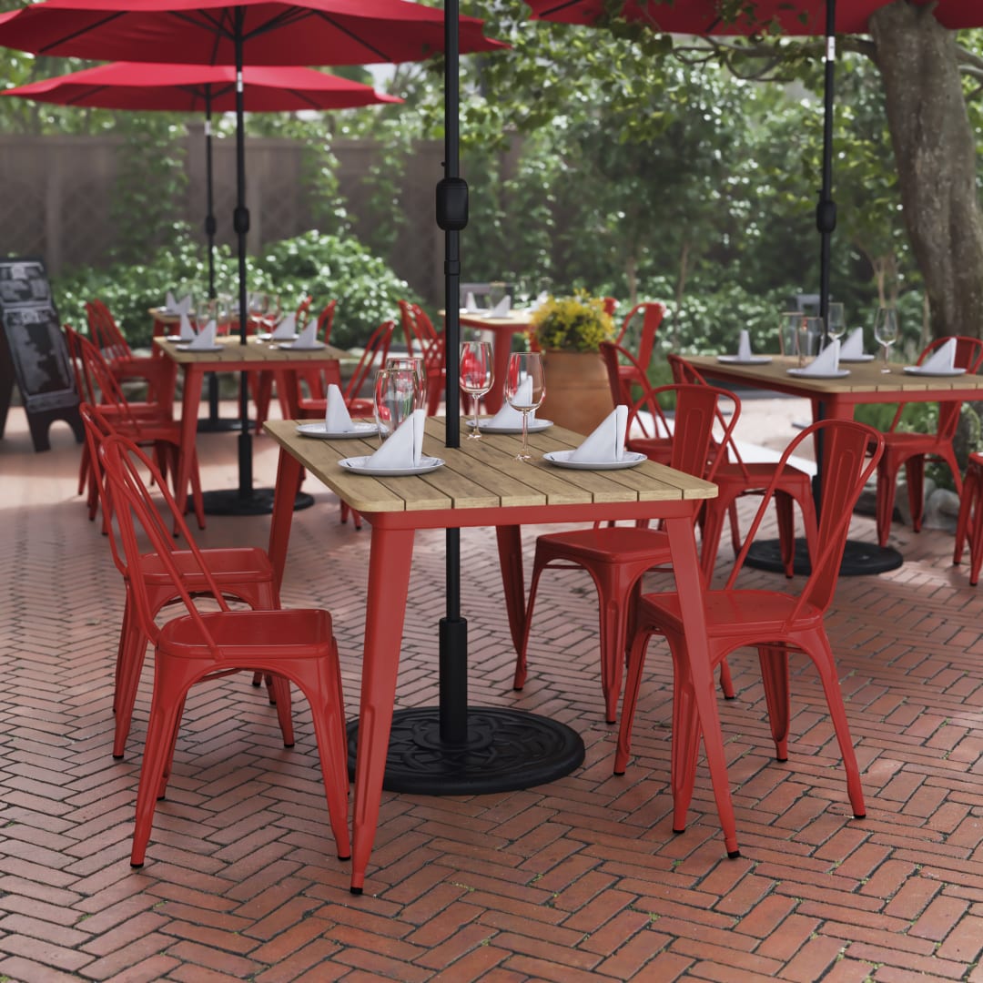 Declan Commercial Indoor/Outdoor Dining Table with Umbrella Hole, 30" x 60" All Weather Brown Poly Resin Top and Red Steel Base