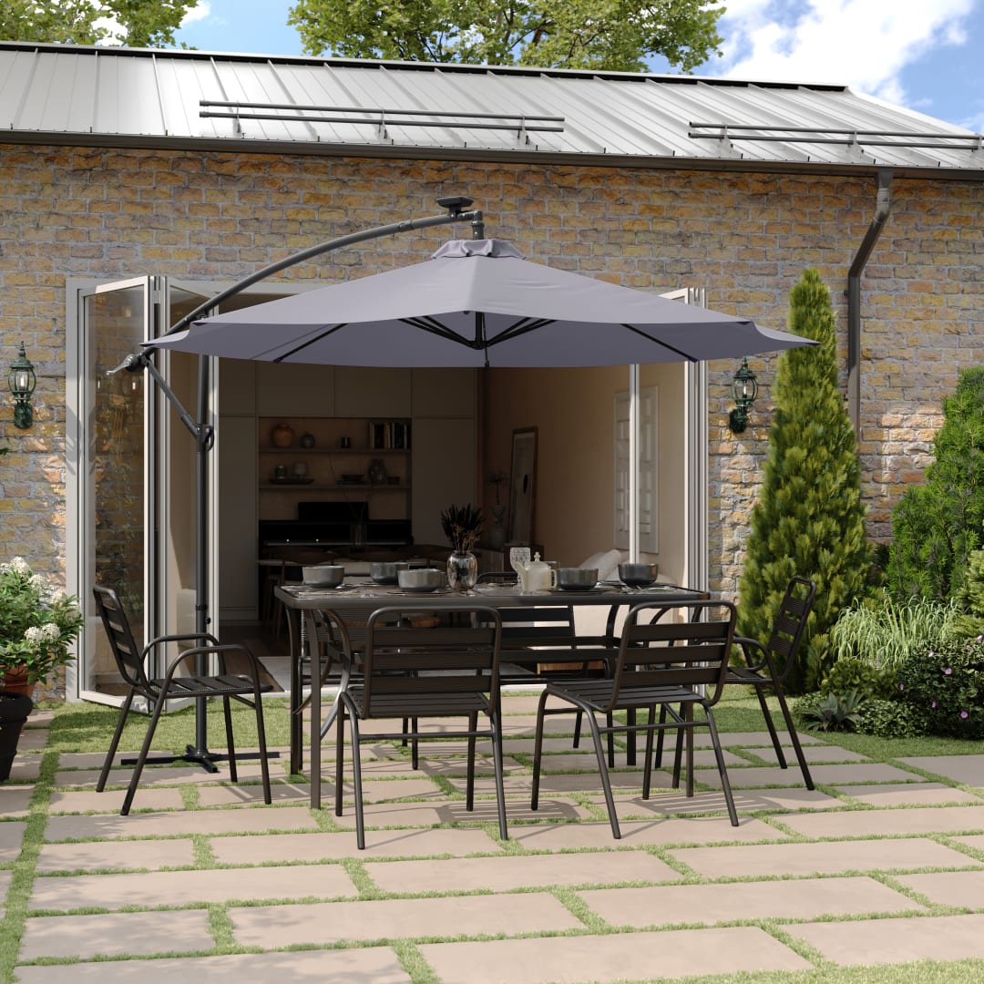 Sedona Commercial Grade 10 FT Round Cantilever Umbrella with 32 Solar LED Lights, Built in Cross Base, and Easy Lift and Tilt Function in Gray