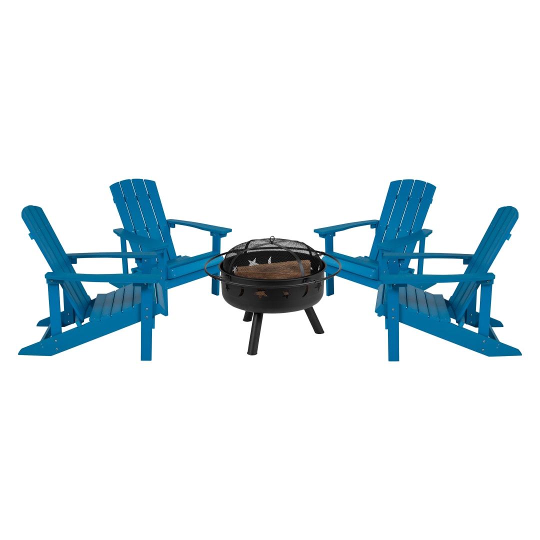 5 Piece Charlestown Blue Commercial Poly Resin Wood Adirondack Chair Set with Fire Pit - Star and Moon Fire Pit with Mesh Cover